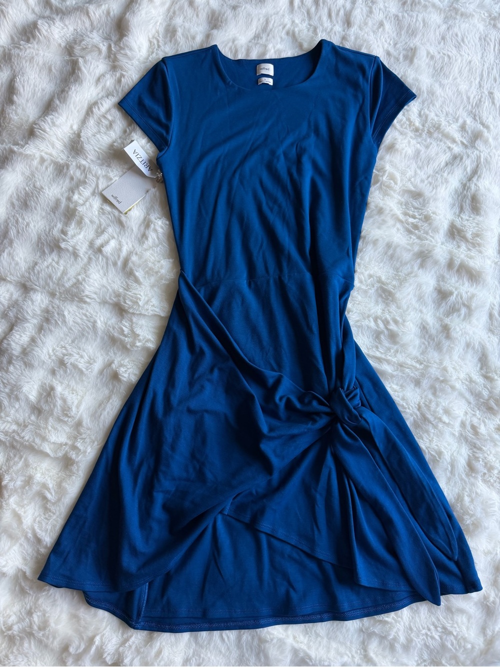 Aritzia Cream Sleeveless Knit Bodice Midi Dress with Blue Waist Tie